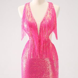 Sparkly Fuchsia V-Neck Backless Tight Mini Dress with Tassel