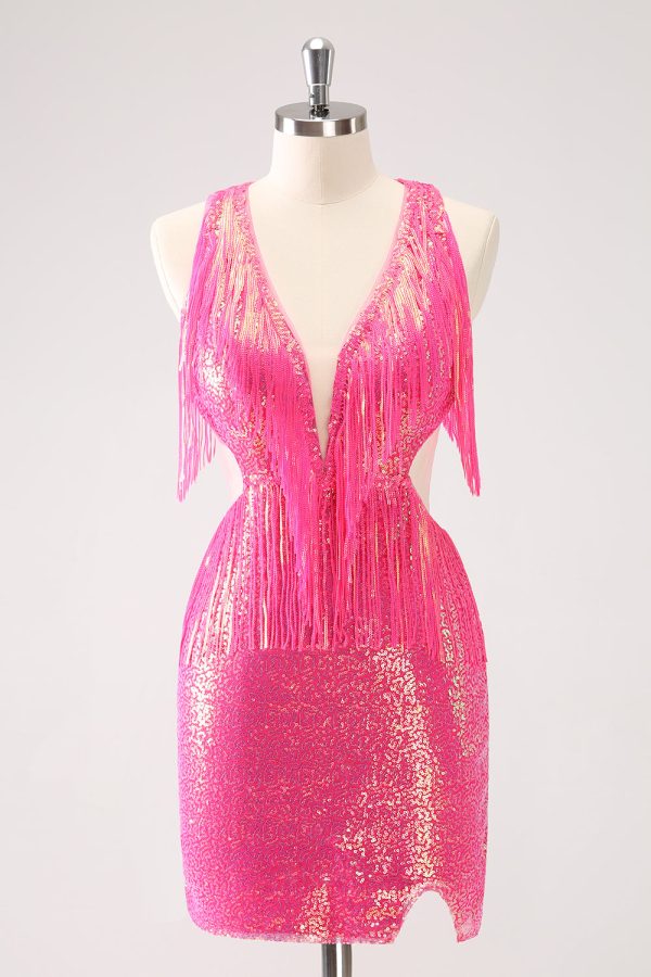 Sparkly Fuchsia V-Neck Backless Tight Mini Dress with Tassel