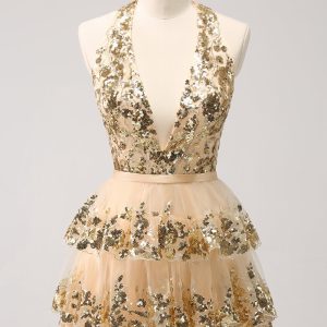 Sparkly Gold A Line Halter Tiered Sequined Backless Mini Dress
