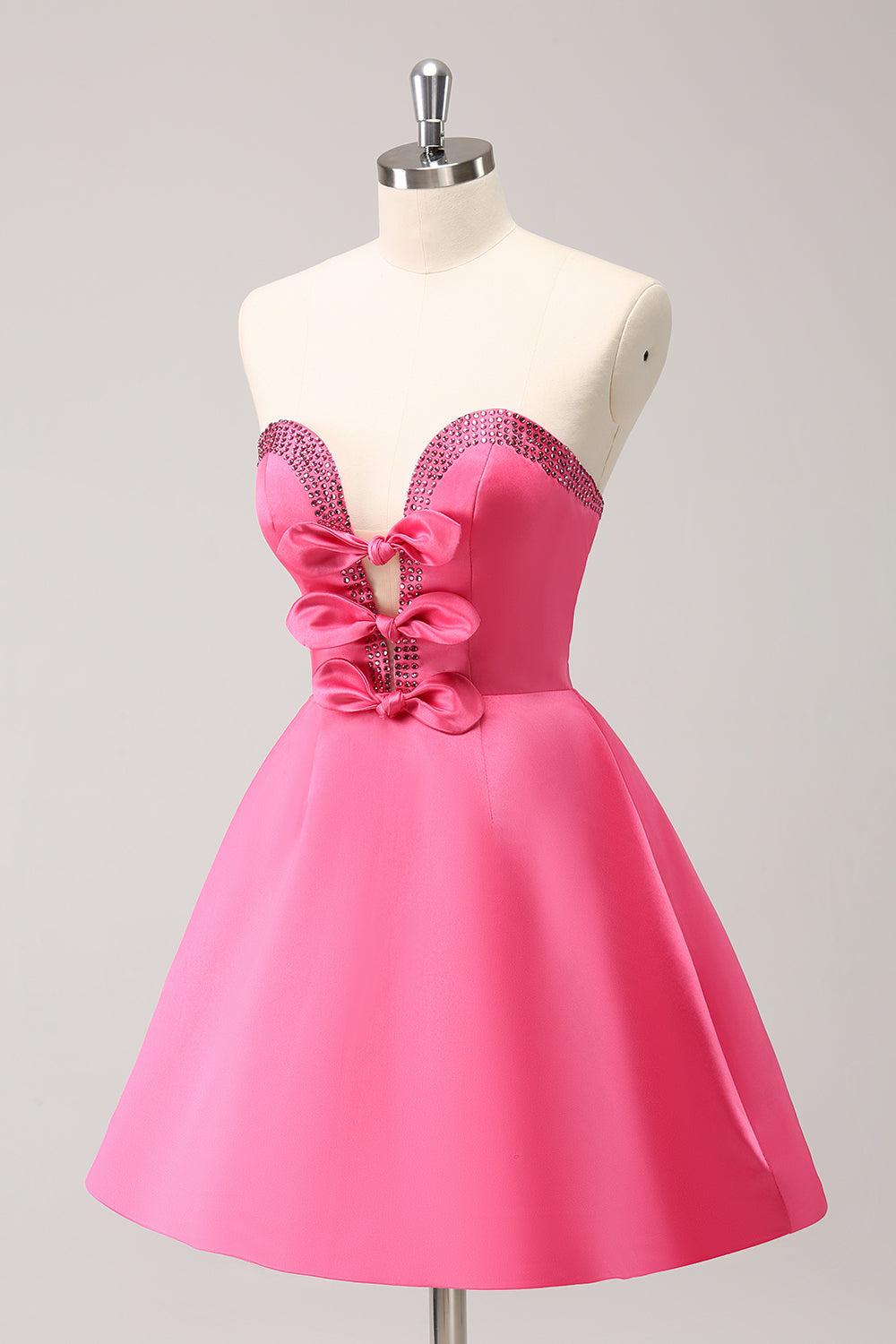 Sparkly Fuchsia A Line Beaded Strapless Mini Dress with Bows - Image 3