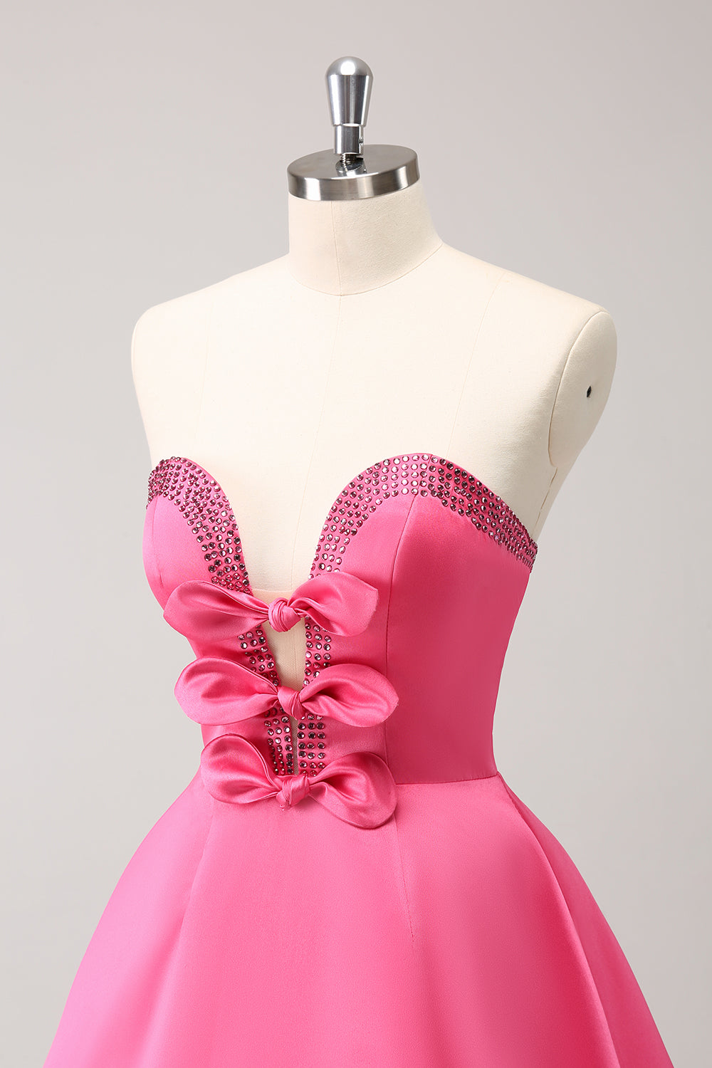 Sparkly Fuchsia A Line Beaded Strapless Mini Dress with Bows - Image 6