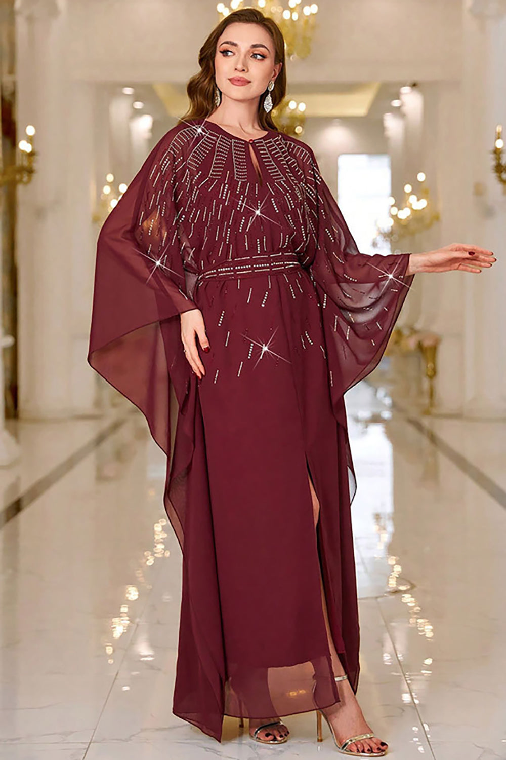 Sparkly Burgundy Chiffon Maxi Dress with Flared Sleeves - Image 4
