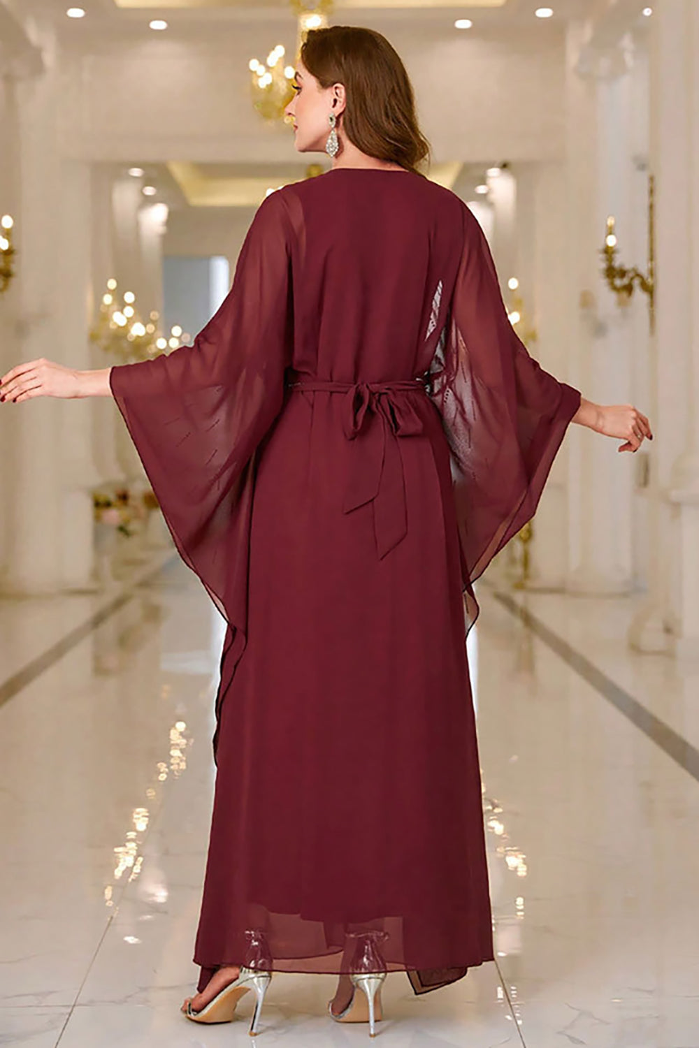 Sparkly Burgundy Chiffon Maxi Dress with Flared Sleeves - Image 2