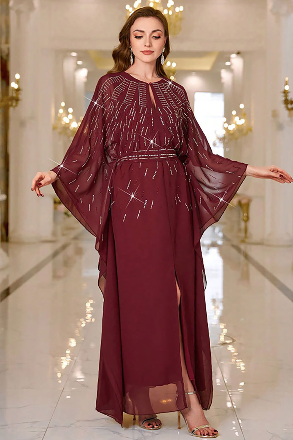 Sparkly Burgundy Chiffon Maxi Dress with Flared Sleeves - Image 5