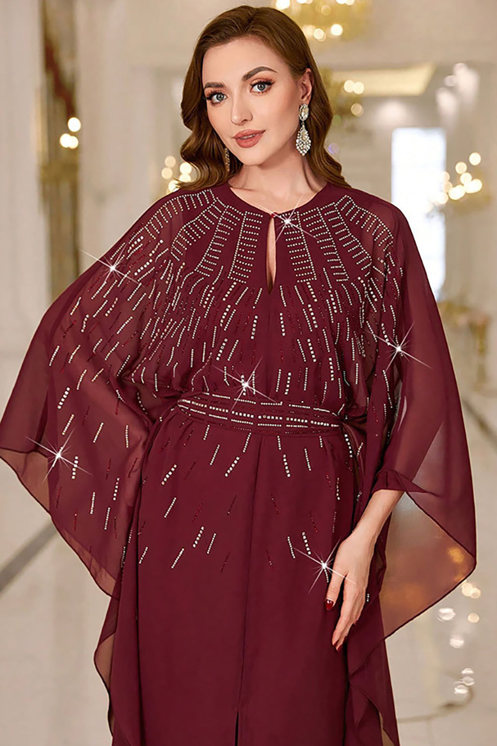 Sparkly Burgundy Chiffon Maxi Dress with Flared Sleeves - Image 6