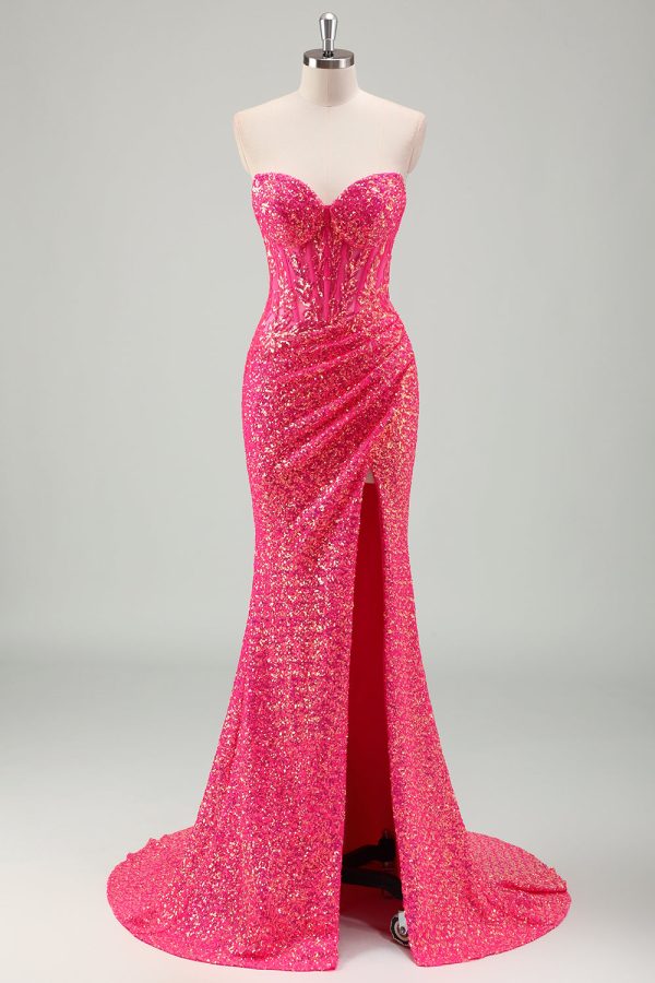 Sparkly Fuchsia Ruched Mermaid Floor Length Prom Dress with Slit