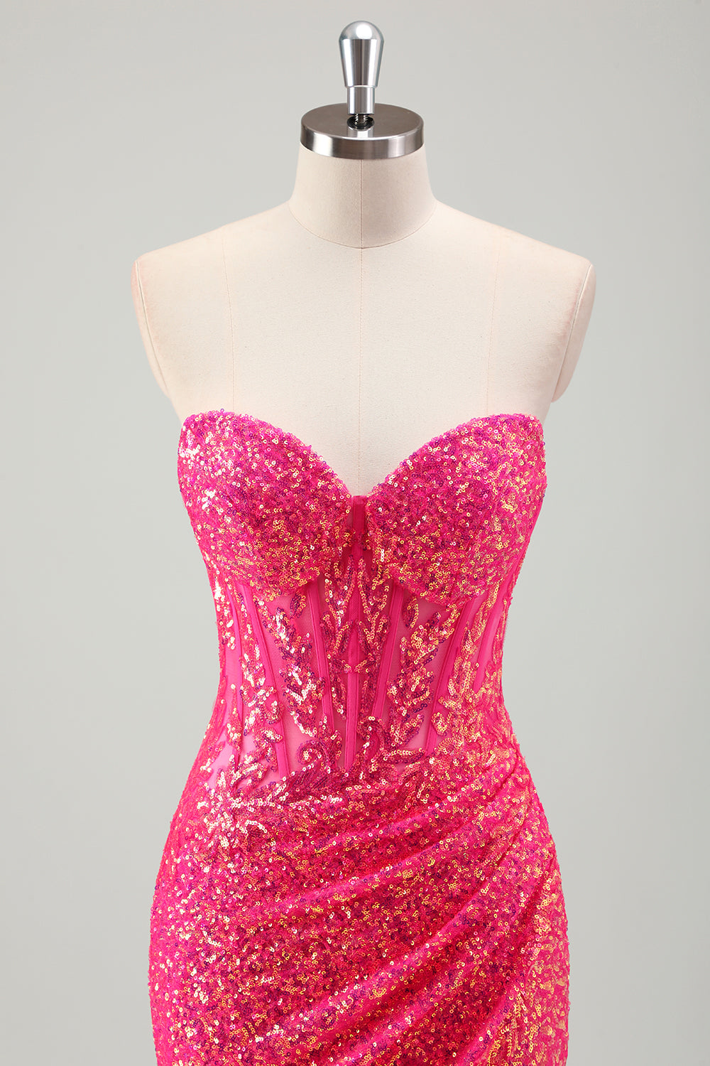 Sparkly Fuchsia Ruched Mermaid Floor Length Prom Dress with Slit - Image 4
