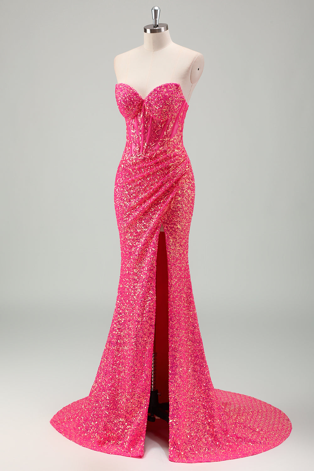 Sparkly Fuchsia Ruched Mermaid Floor Length Prom Dress with Slit - Image 3