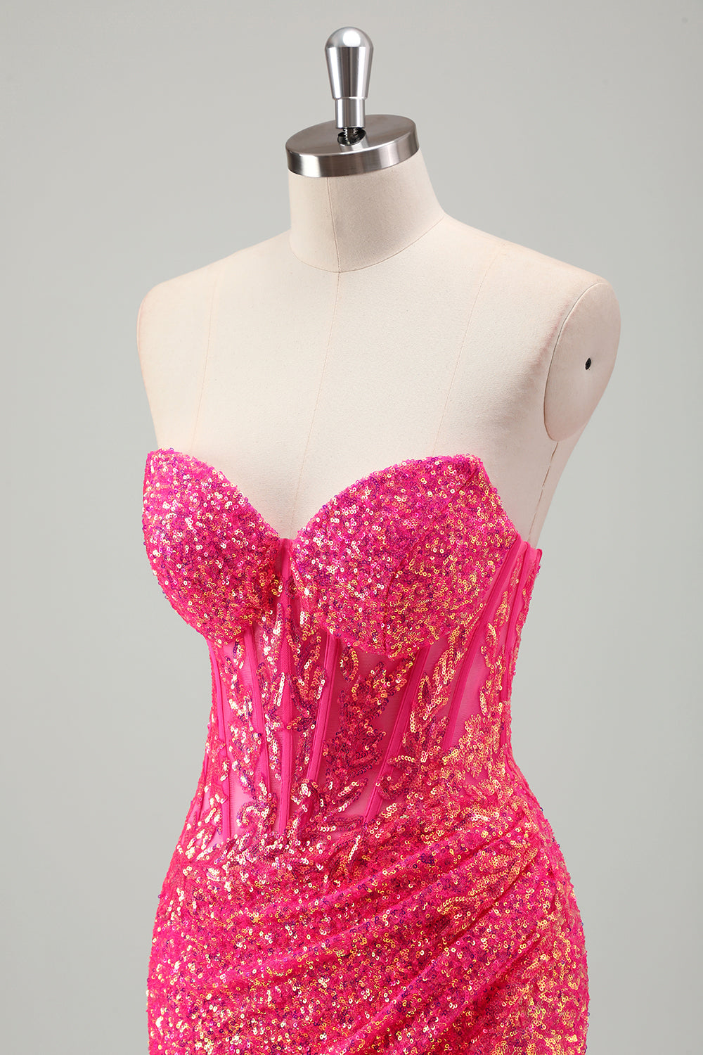 Sparkly Fuchsia Ruched Mermaid Floor Length Prom Dress with Slit - Image 6