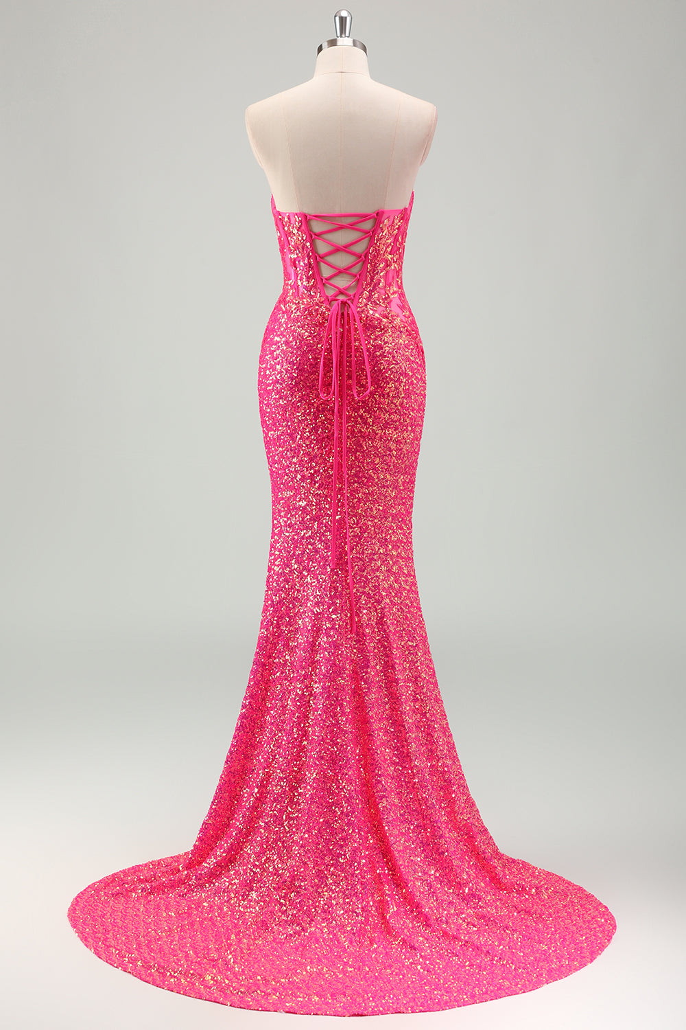 Sparkly Fuchsia Ruched Mermaid Floor Length Prom Dress with Slit - Image 2