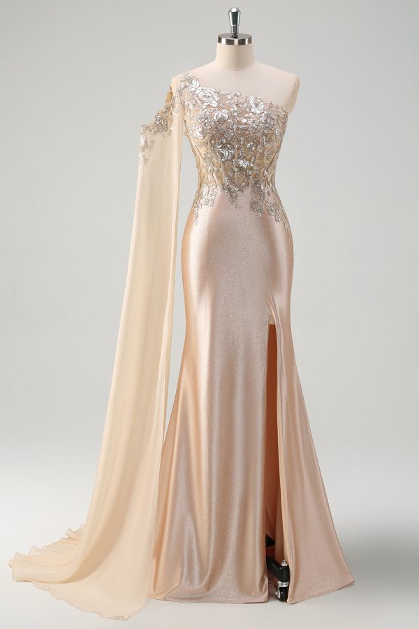 Sparkly Champagne Satin One Shoulder Mermaid Prom Dress with Slit