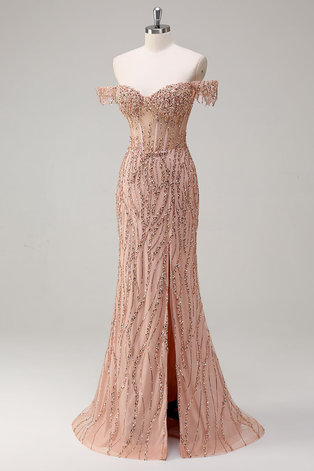 Sparkly Dusty Rose Mermaid Off the Shoulder Long Prom Dress with Slit - Image 3