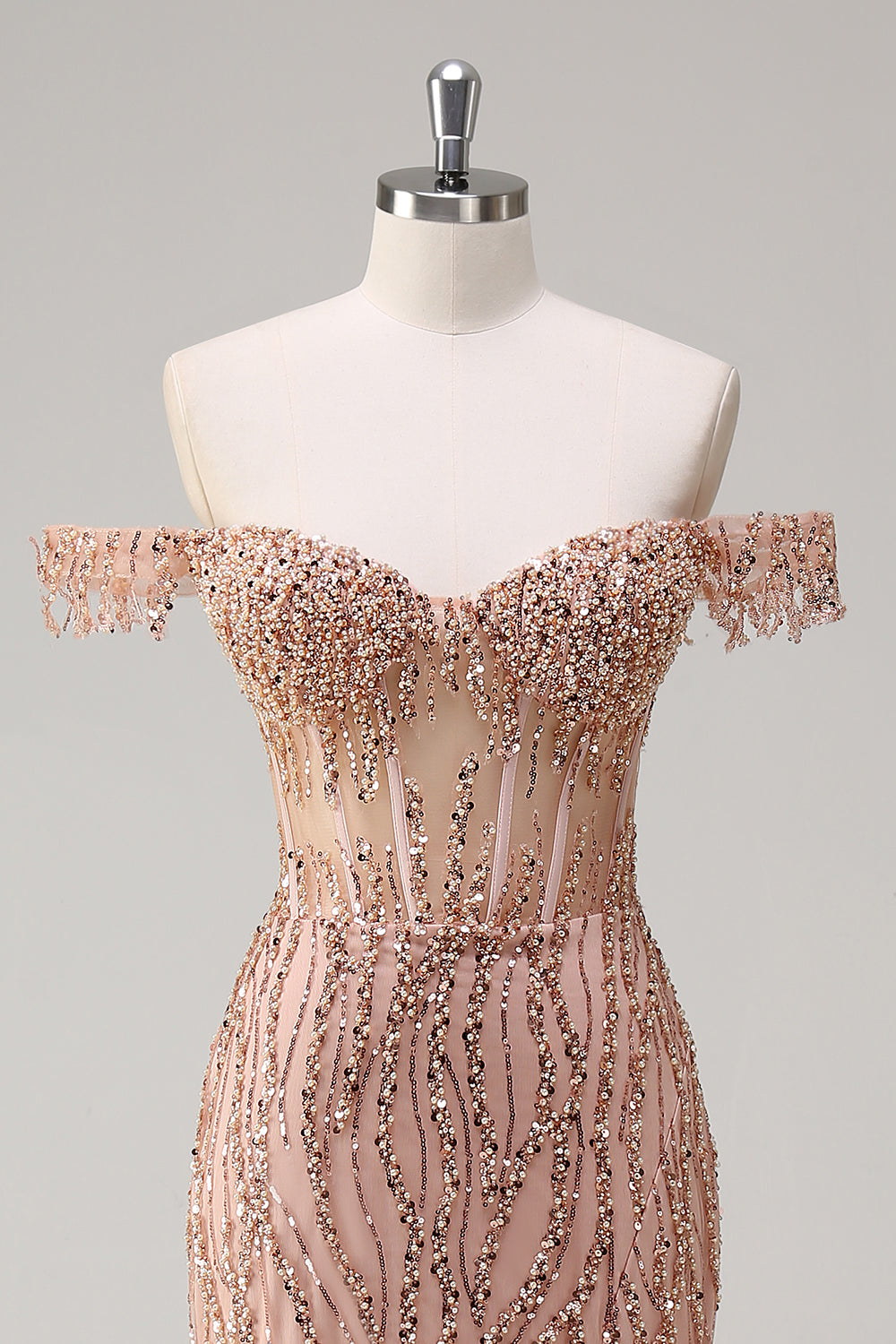 Sparkly Dusty Rose Mermaid Off the Shoulder Long Prom Dress with Slit - Image 4