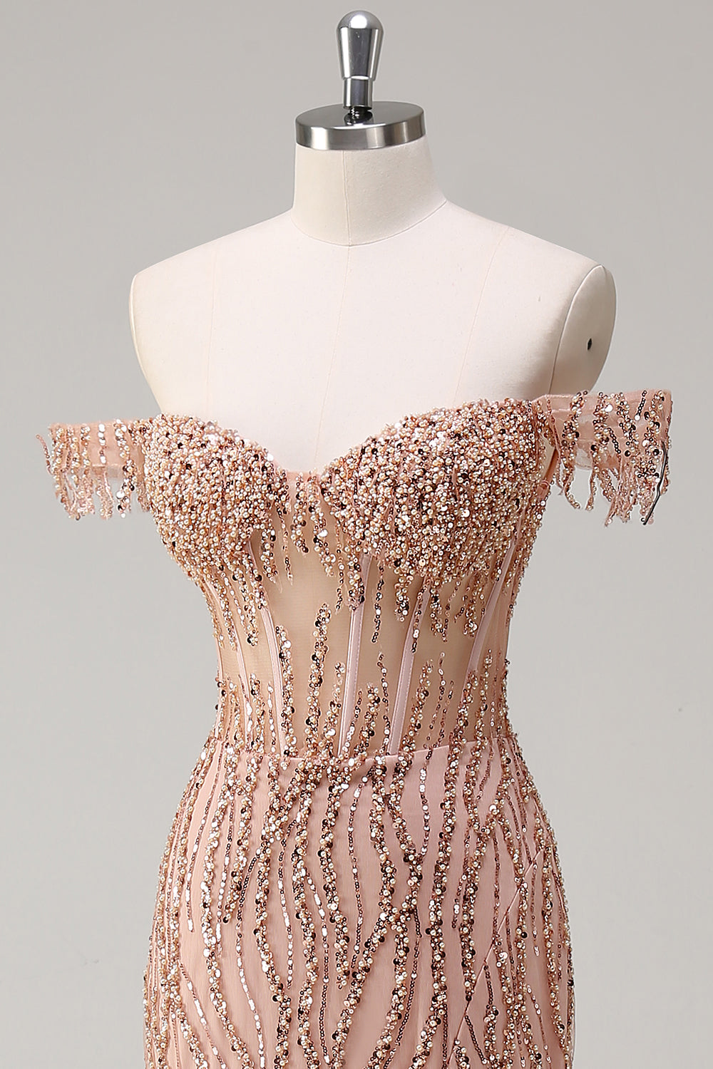 Sparkly Dusty Rose Mermaid Off the Shoulder Long Prom Dress with Slit - Image 6
