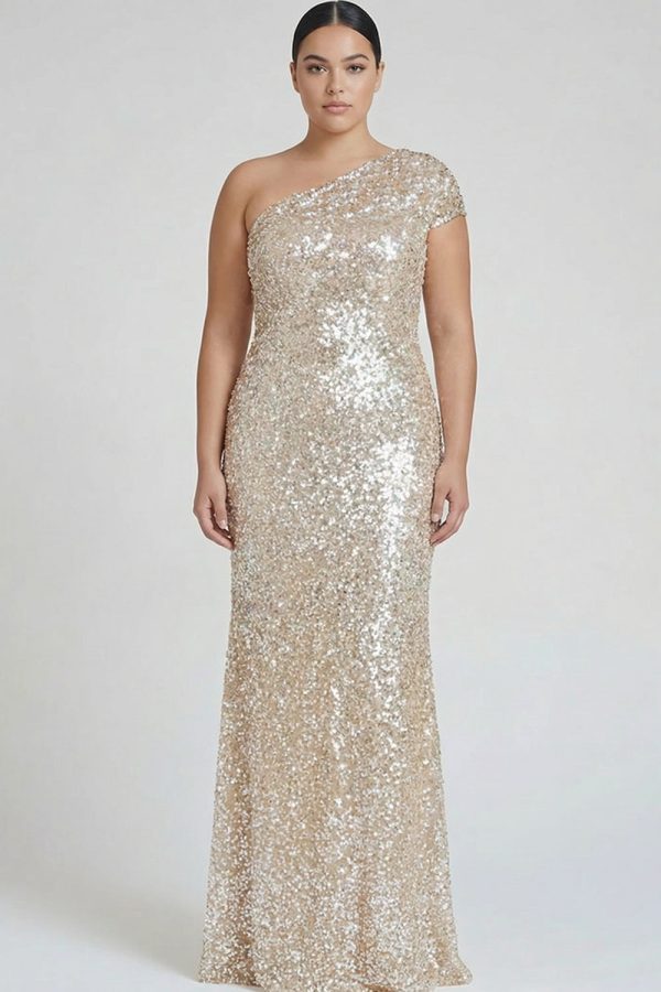 Sparkly Champagne One Shoulder Plus Size Formal Dress