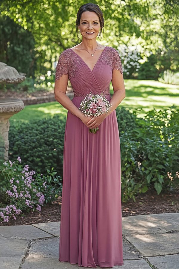 Dusty Rose A-Line Sequined Short Sleeves Chiffon Long Mother of the Bride Dress