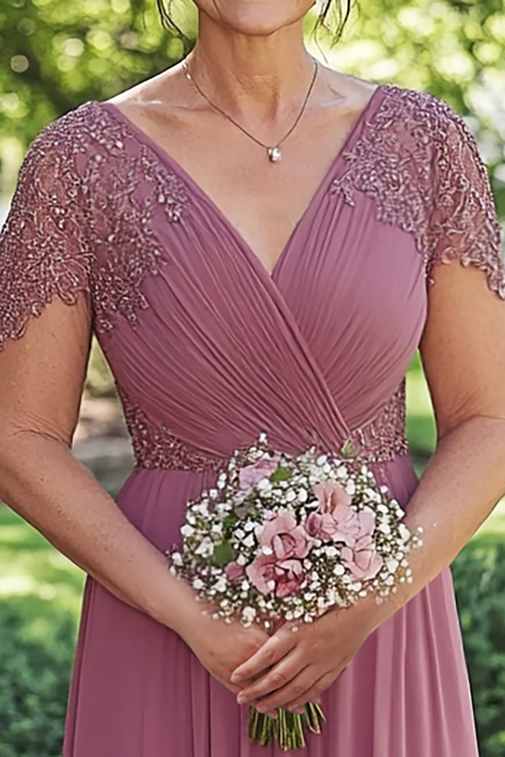 Dusty Rose A-Line Sequined Short Sleeves Chiffon Long Mother of the Bride Dress - Image 2
