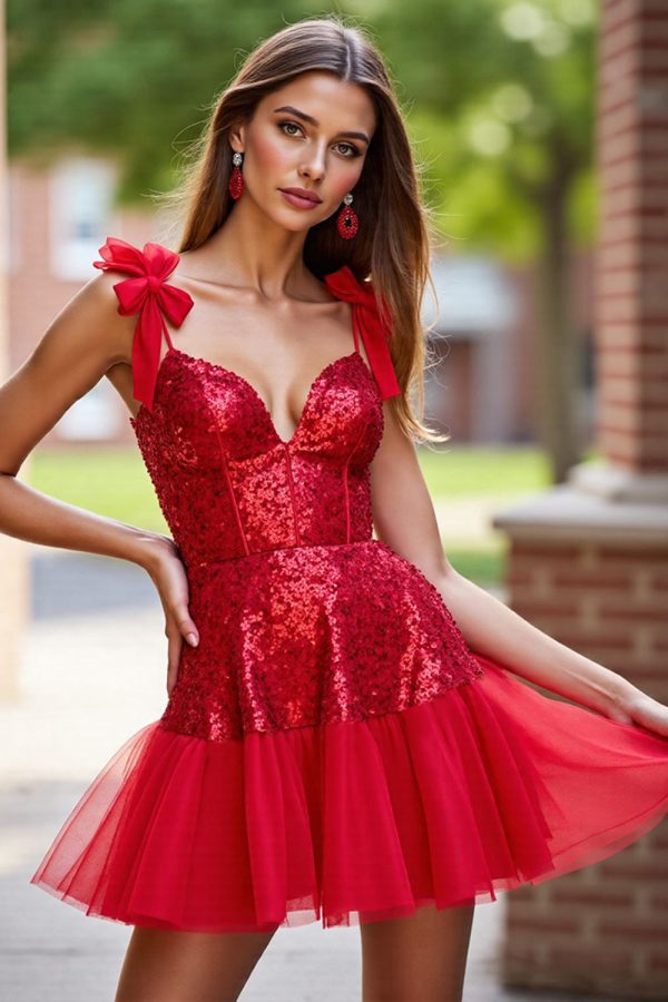 Sparkly Dark Red Sequin Homecoming Dress with Bows