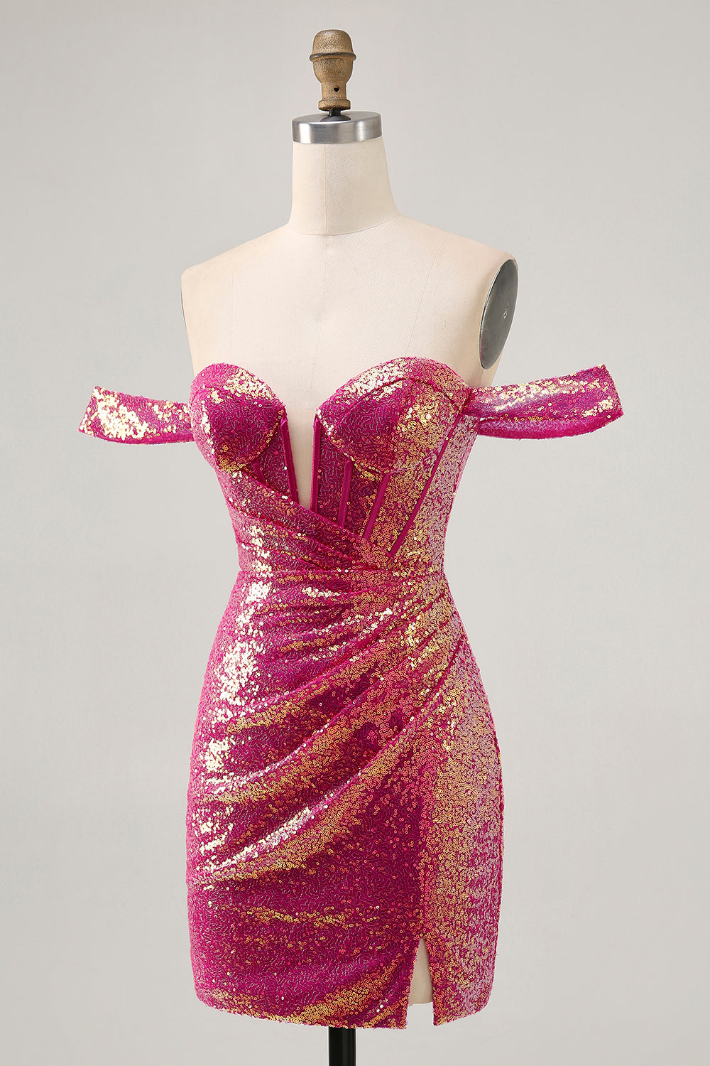 Sparkly Fuchsia Off The Shoulder Bodycon Homecoming Dress - Image 3