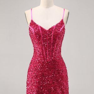 Sparkly Fuchsia Tight Corset Homecoming Dress