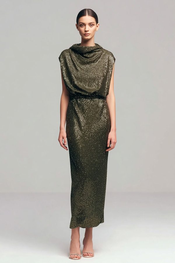Sparkly Cowl Neck Olive Semi-Formal Dress
