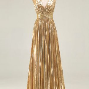 Sparkly Gold A-Line Metallic Pleated Prom Dress
