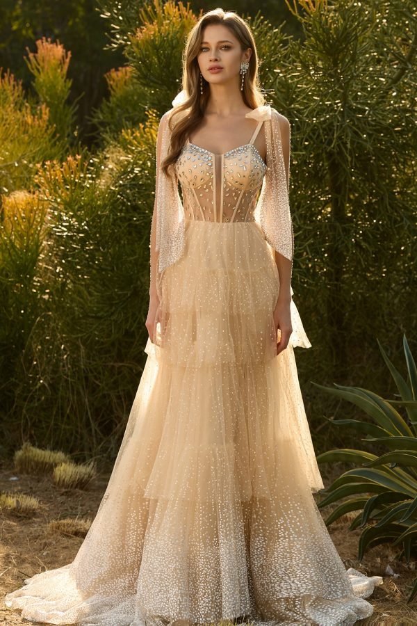 Sparkly Champagne Corset A Line Ruffled Prom Dress