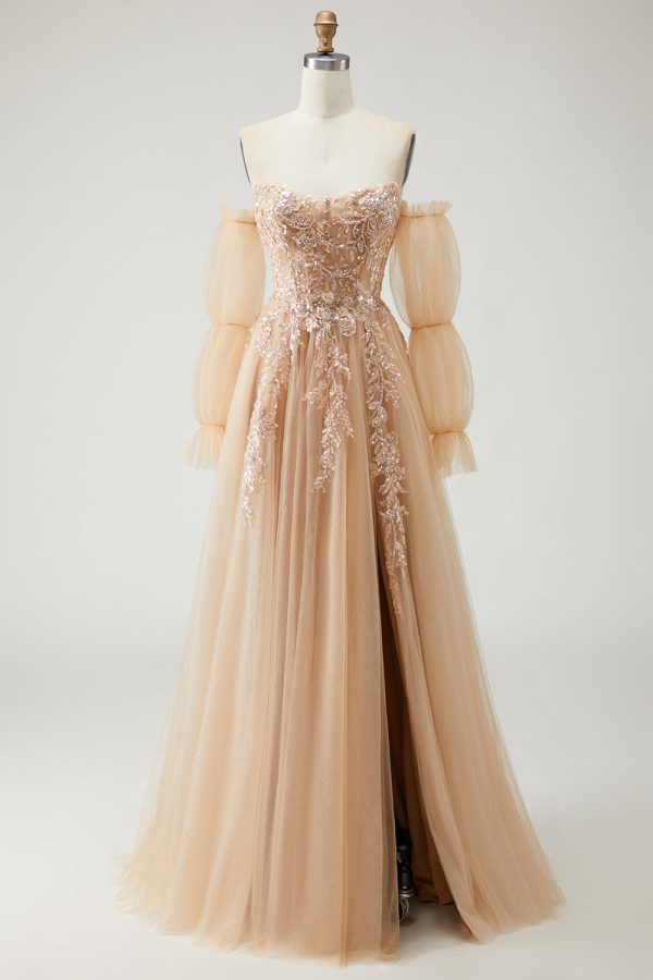 Sparkly Champagne Strapless Appliqued Prom Dress With Removable Sleeves