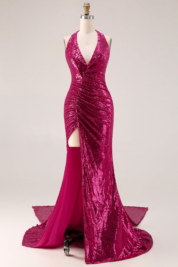 Sparkly Fuchsia Halter Ruched Mermaid Prom Dress
