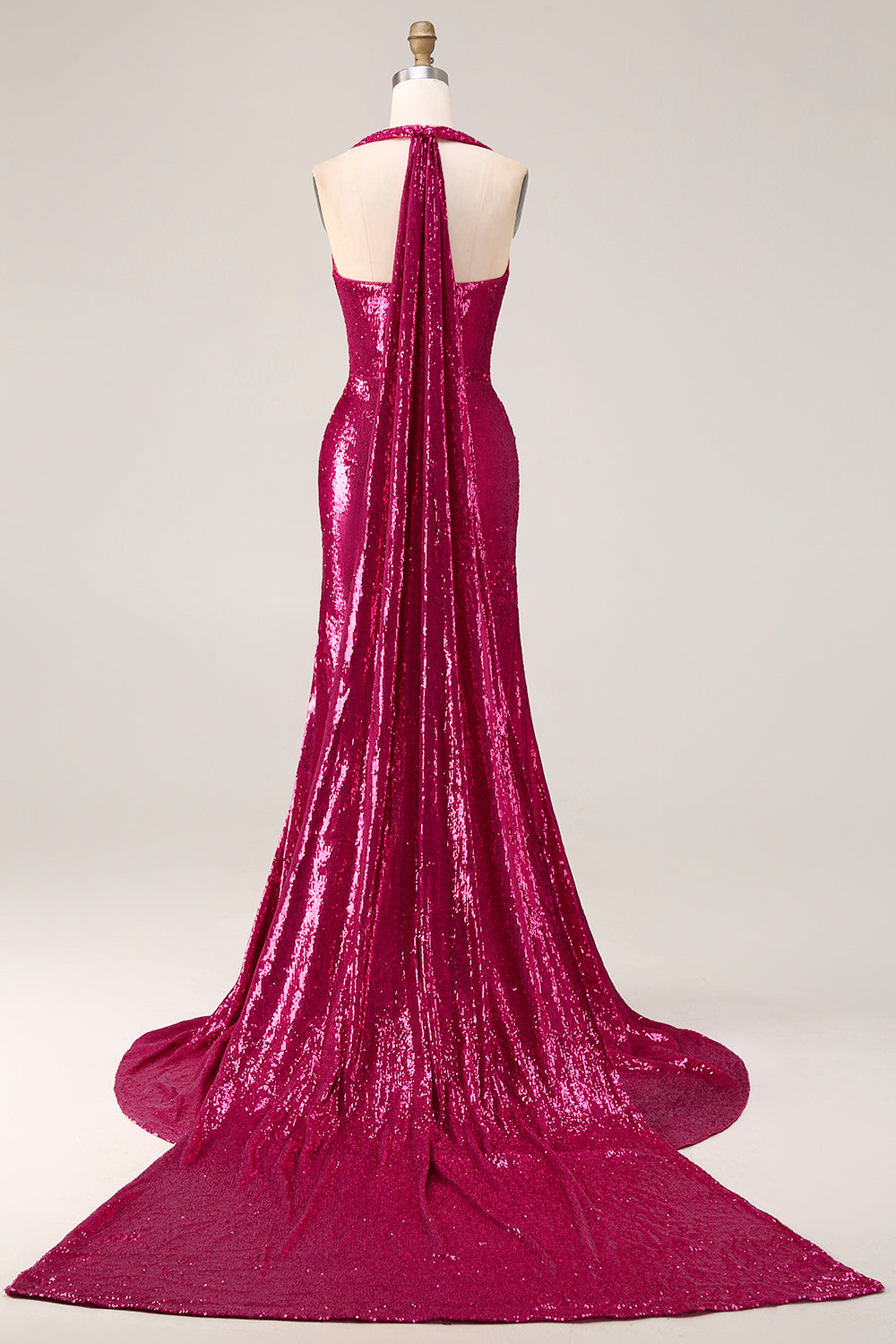 Sparkly Fuchsia Halter Ruched Mermaid Prom Dress - Image 2
