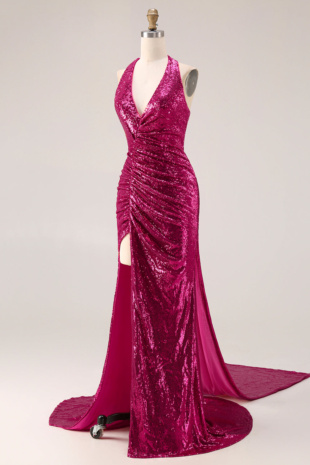 Sparkly Fuchsia Halter Ruched Mermaid Prom Dress - Image 3