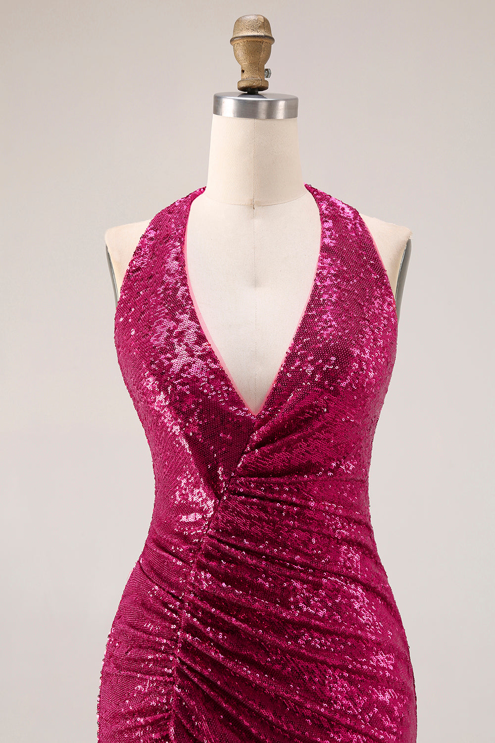 Sparkly Fuchsia Halter Ruched Mermaid Prom Dress - Image 4