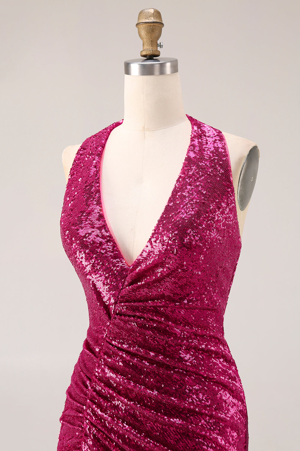 Sparkly Fuchsia Halter Ruched Mermaid Prom Dress - Image 6
