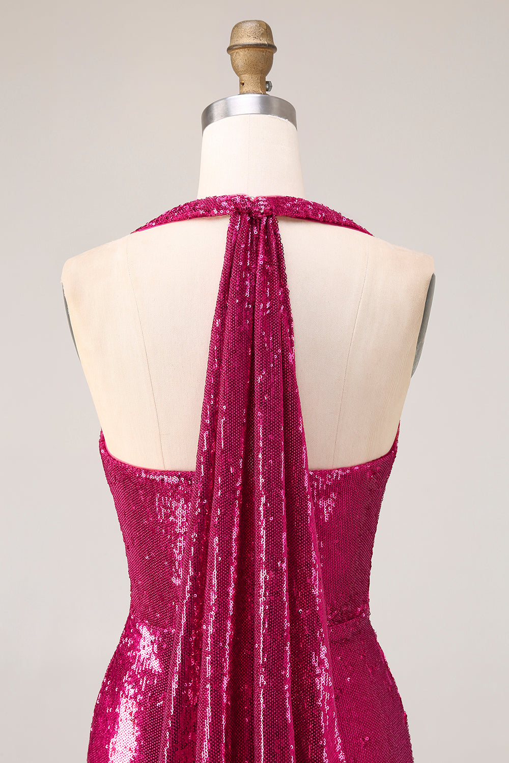 Sparkly Fuchsia Halter Ruched Mermaid Prom Dress - Image 5