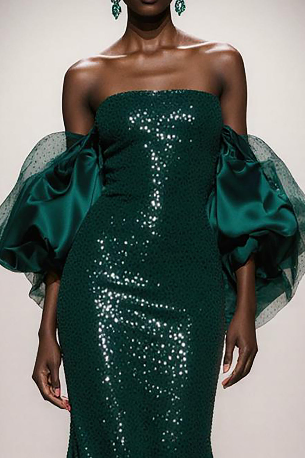Sparkly Dark Green Strapless Mermaid Maxi Gala Dress With Puff Sleeves - Image 3