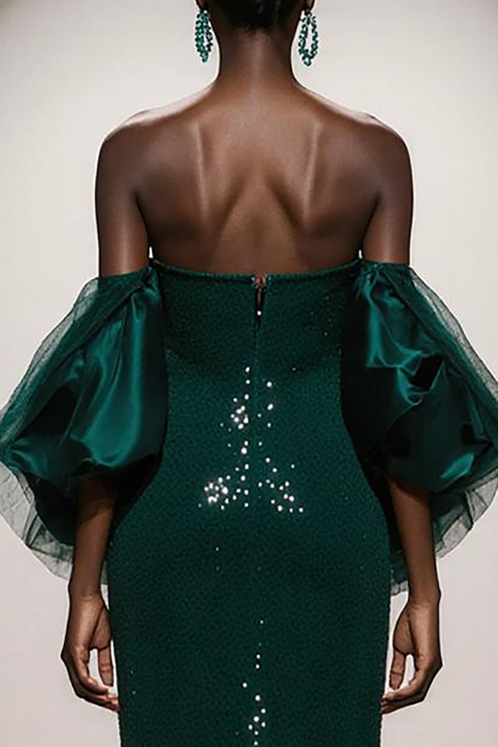 Sparkly Dark Green Strapless Mermaid Maxi Gala Dress With Puff Sleeves - Image 4
