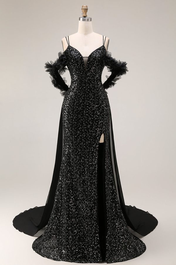 Sparkly Cold Shoulder Black Maxi Prom Dress with Slit