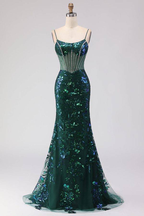 Sparkly Dark Green Corset Mermaid Maxi Prom Dress