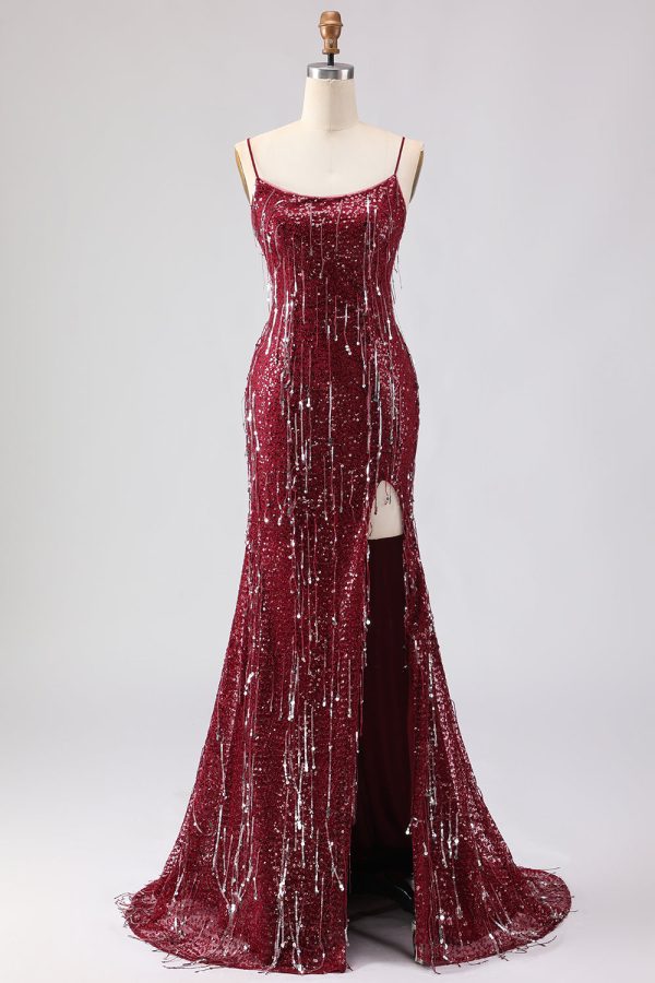 Sparkly Burgundy Mermaid Maxi Prom Dress