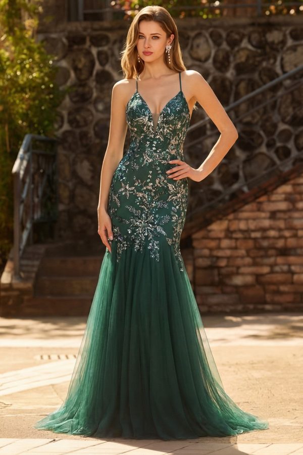 Sparkly Dark Green Mermaid Appliqued Maxi Prom Dress