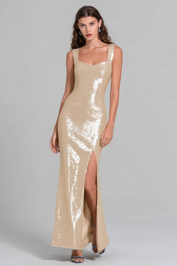 Sparkly Champagne Sheath Formal Dress With Slit