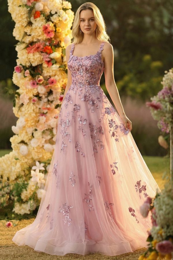 Sparkly Blush Spaghetti Straps A Line Corset Prom Dress