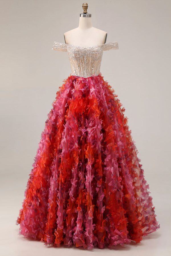 Sparkly Fuchsia Corset Off the Shoulder Prom Dress