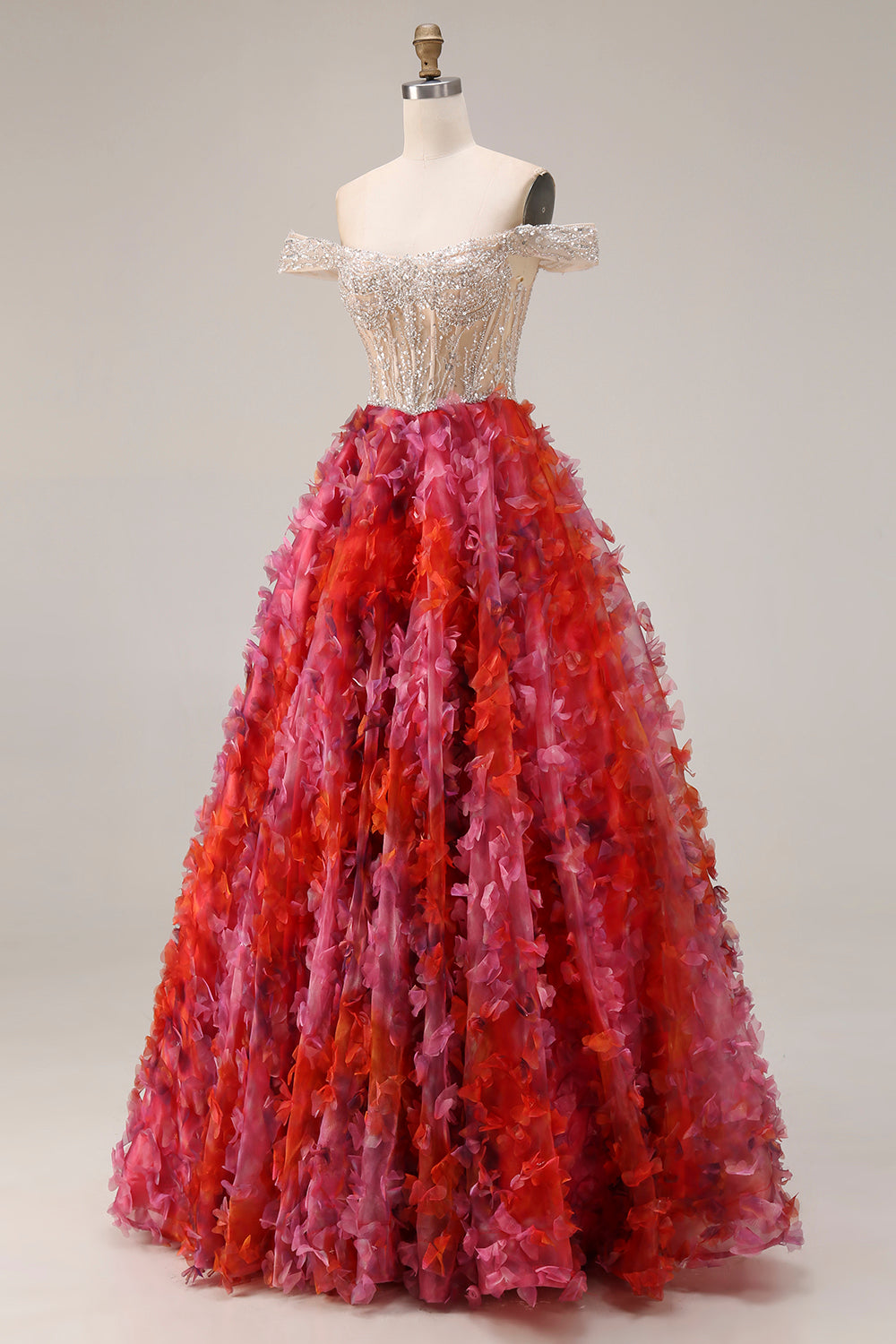 Sparkly Fuchsia Corset Off the Shoulder Prom Dress - Image 3