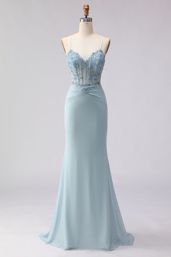 Sparkly Dusty Blue Beaded Mermaid Corset Prom Dress