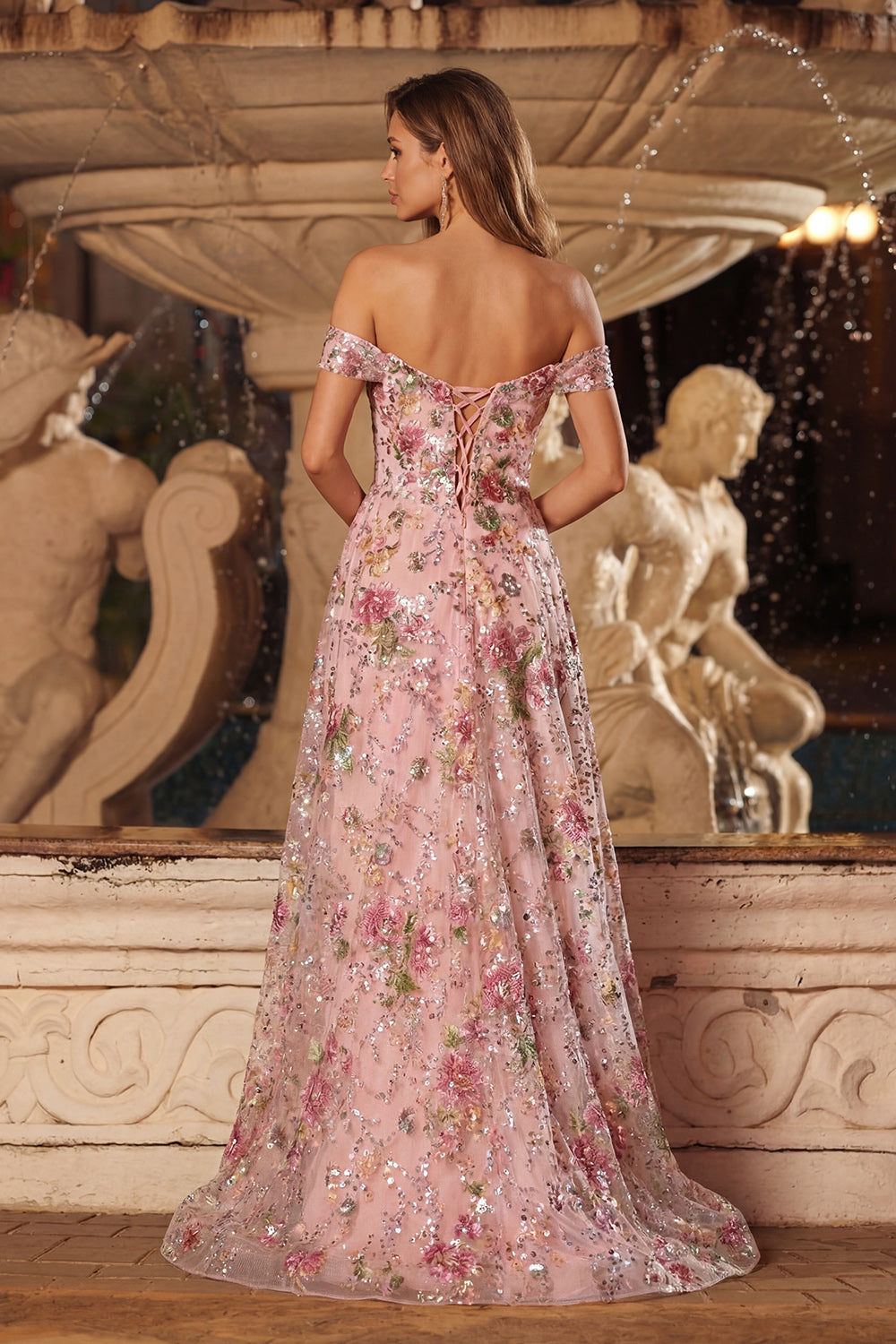 Sparkly Floral Pink Off the Shoulder A Line Prom Dress - Image 2