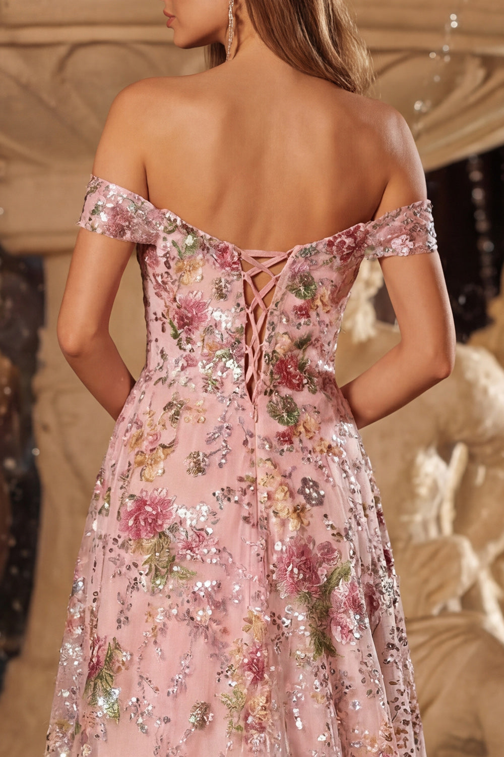 Sparkly Floral Pink Off the Shoulder A Line Prom Dress - Image 4