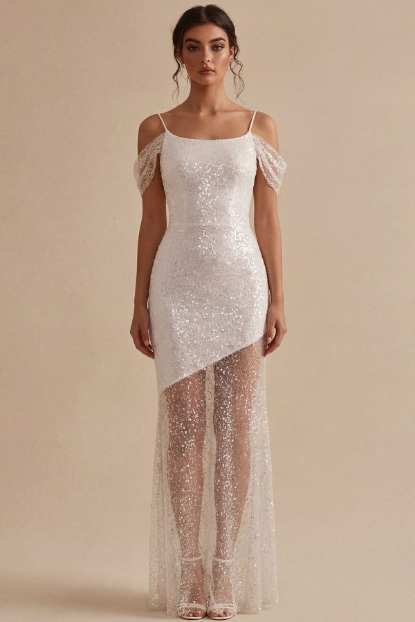 Sparkly Cold Shoulder Maxi White Dress