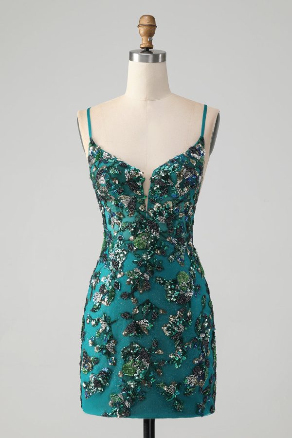 Sparkly Dark Green Beaded Sequins Bodycon Mini Dress with Lace-up Back